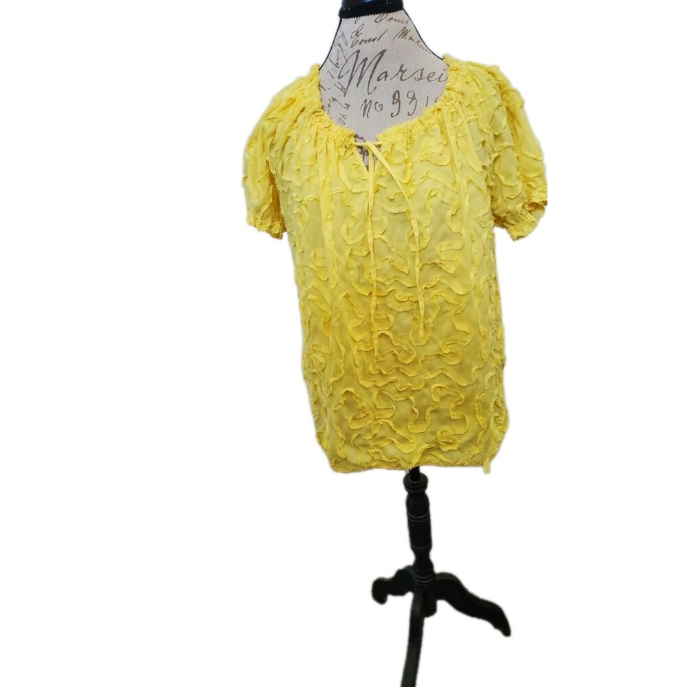 Grand & Greene Anthropologie Yellow Ruffle Textured Cap Sleeve Top Shirt Large